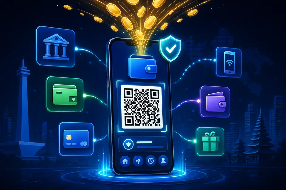 Ilustrasi metode pembayaran digital Indonesia — QRIS, e-wallet, dan transfer bank