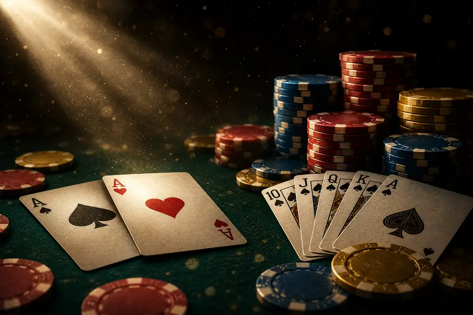 Meja poker dengan kartu as dan tumpukan chip