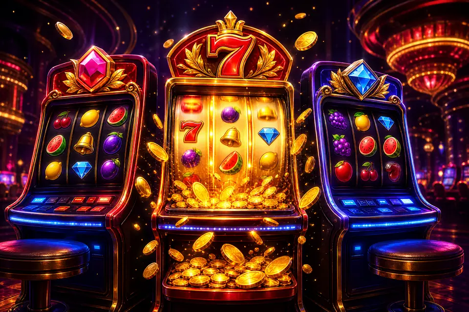 Deretan mesin slot daring dengan simbol buah dan koin emas